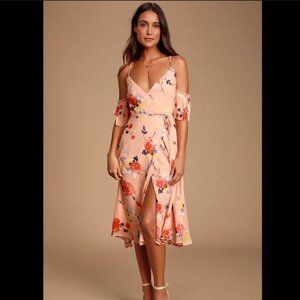 Lulus Hearts Delight Peach Floral Print Cold Shoulder Midi Wrap Dress Large